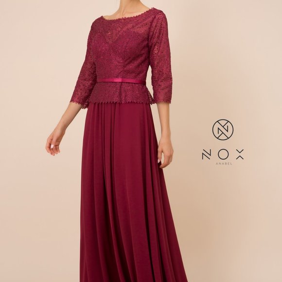 Nox Anabel Dresses Burgundy Lace Top Long Evening Dress Nx518